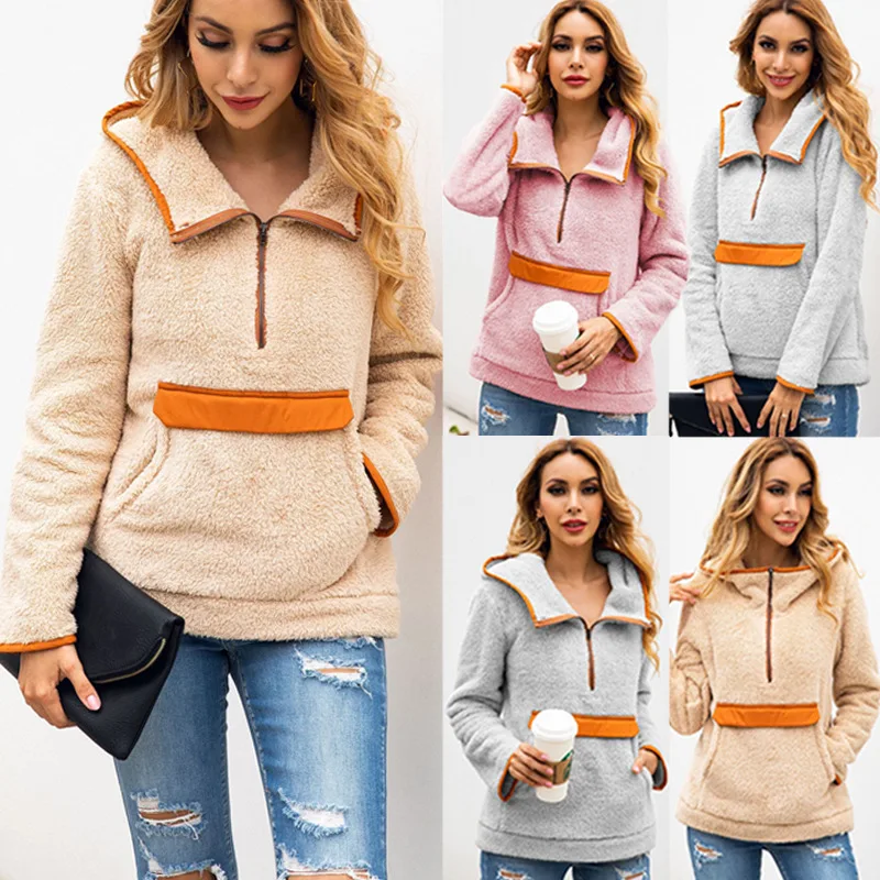 

2021 new fashion stitching pocket hoodie women's warm jacket woolen jacket