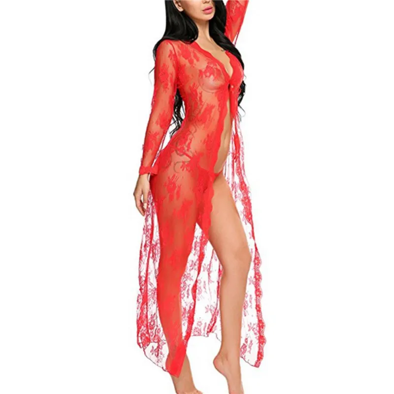 

New Women Lace Erotic Nightgrown Floral Print Sexy Perspective Babydoll Robe Female Long Nightdress Erotic Lace Underwear