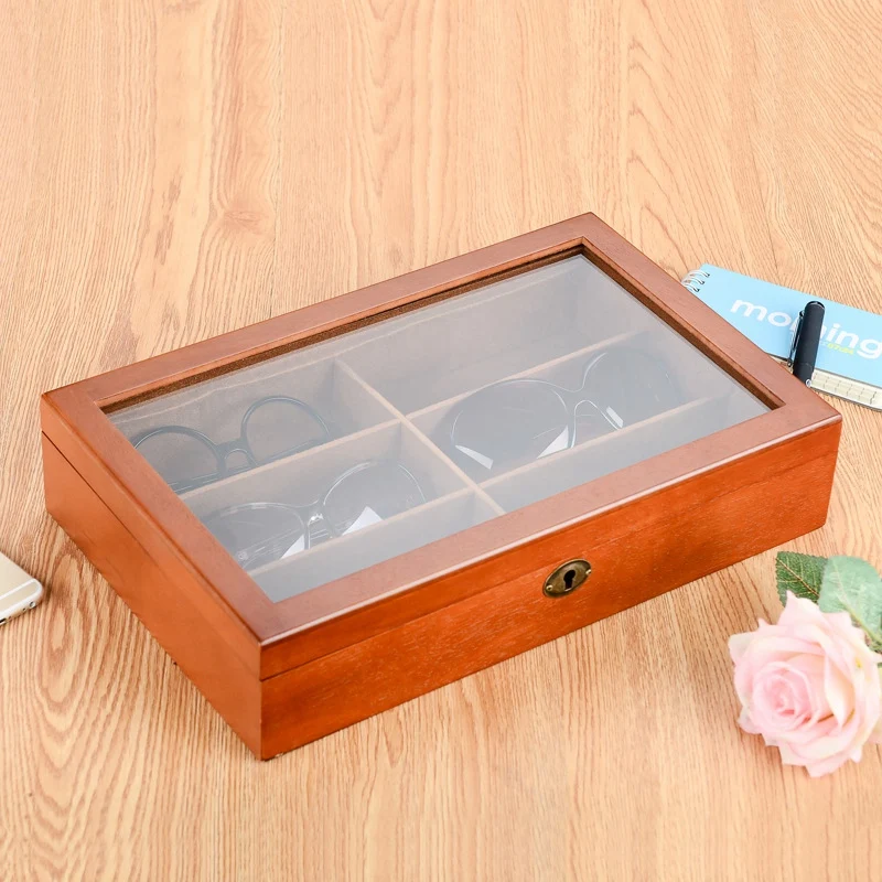 Big deal Wooden 6 Grids Glasses Storage Box Sunglasses Storage Organizer Eyeglasses Display Organizer Jewelry Box with Cover