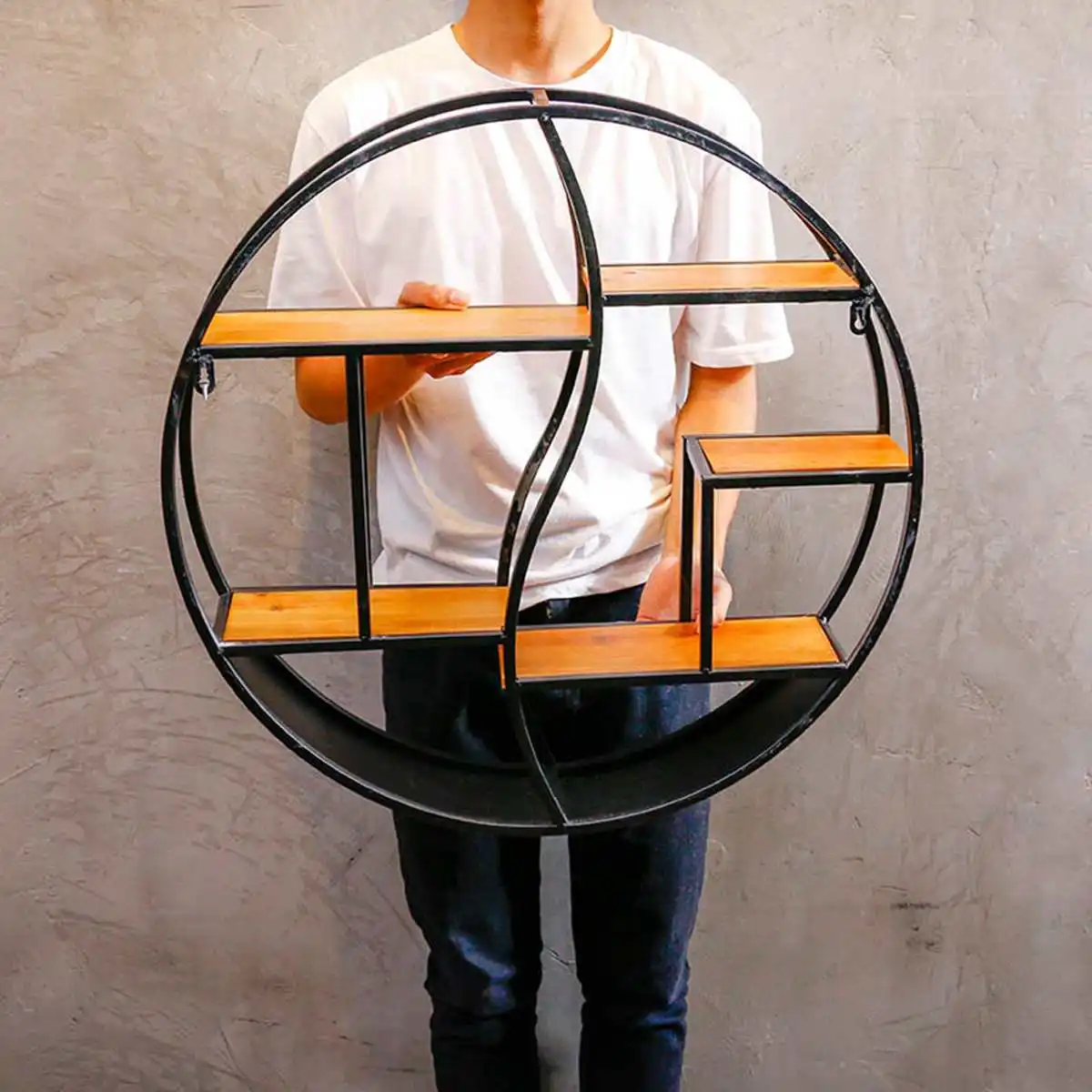 

European style living room wall hanging rack creative solid wood shelf partition wall round display decorative frame