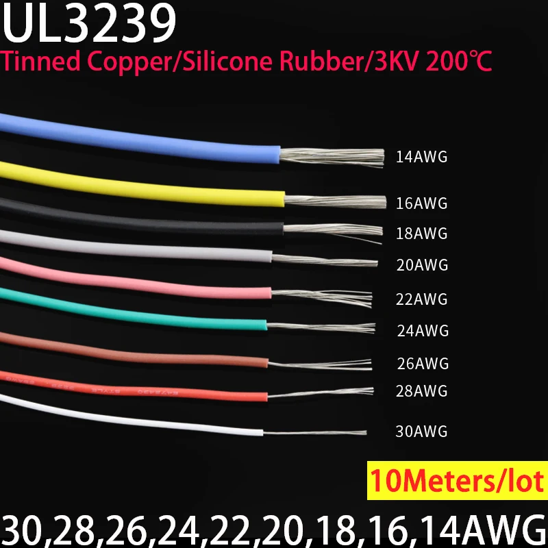 

10 Meters UL3239 3KV Flexible Soft Silicone Wire 14/16/18/20/22/24/26/28/30AWG Insulated Tinned Copper Electrical Cable 3000V