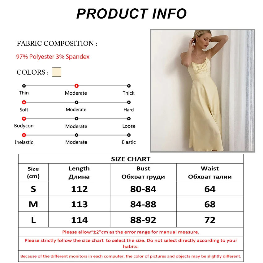 

Mnealways18 Fashion Light Yellow Women Party Satin Dress Ruched Cami Spaghetti Strap Sexy Laies Midi Dress Lace-Up Bow Mid-Calf
