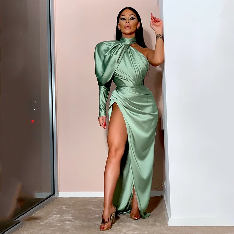 

One Shoulder Emerald Green Mermaid Evening Dresses Long Sexy Side Split Halter Neck Prom Party Gowns Celebrity Dress Plus Size