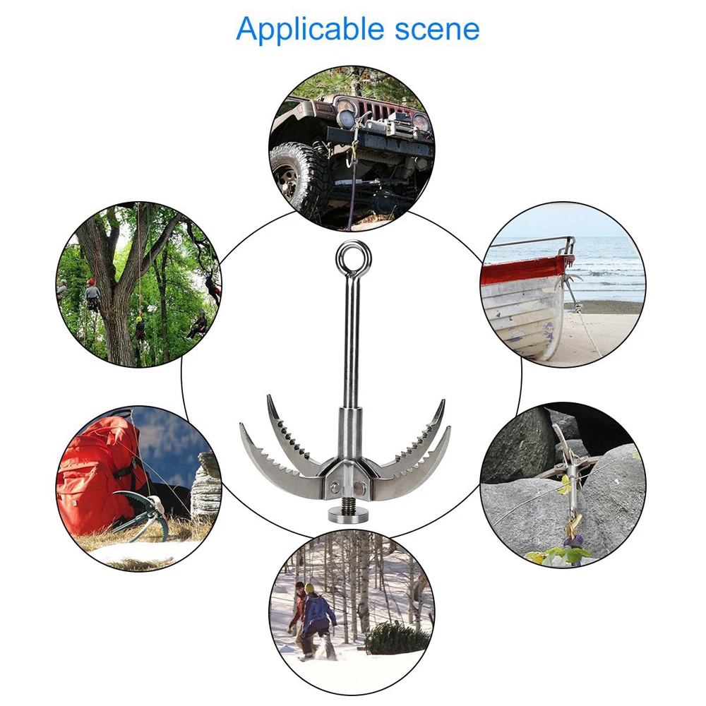 

Outdoor Camping Foldable 4 Claws 65ft 8mm Auxiliary Rope Carabiner Stainless Steel Climbing Grappling Hook Hiking Equipment