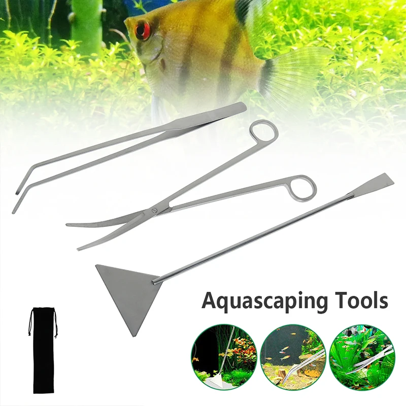 3Pcs Ergonomic Fish Aquarium Tank Scissor Tweezer Sander Cleaning Tools with Bag Stainless Steel Maintenance Aquatic Plants Set - купить по