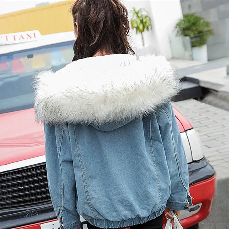 White Fur collar Женская куртка, модное зимнее пальто, теплая хлопковая джинсовая куртка, Женская куртка с капюшоном, пальто, женская куртка-бомбер, куртки, парки, большие размеры - Цвет: White Fur collar