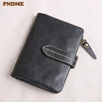 pndme genuine leather large capacity men womens tri fold small wallet simple casual real cowhide credit card holder coin purse