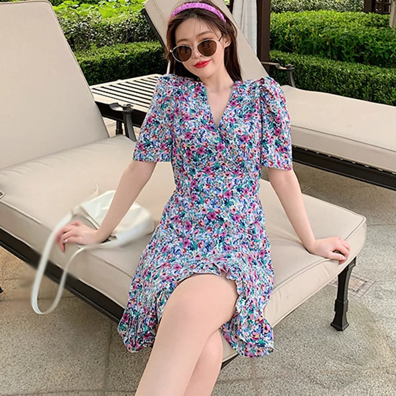 

Summer New Women Thin V-Neck Floral Print Dress French Retro Waist Dress Female Cute Sweet Waist Short Skirt