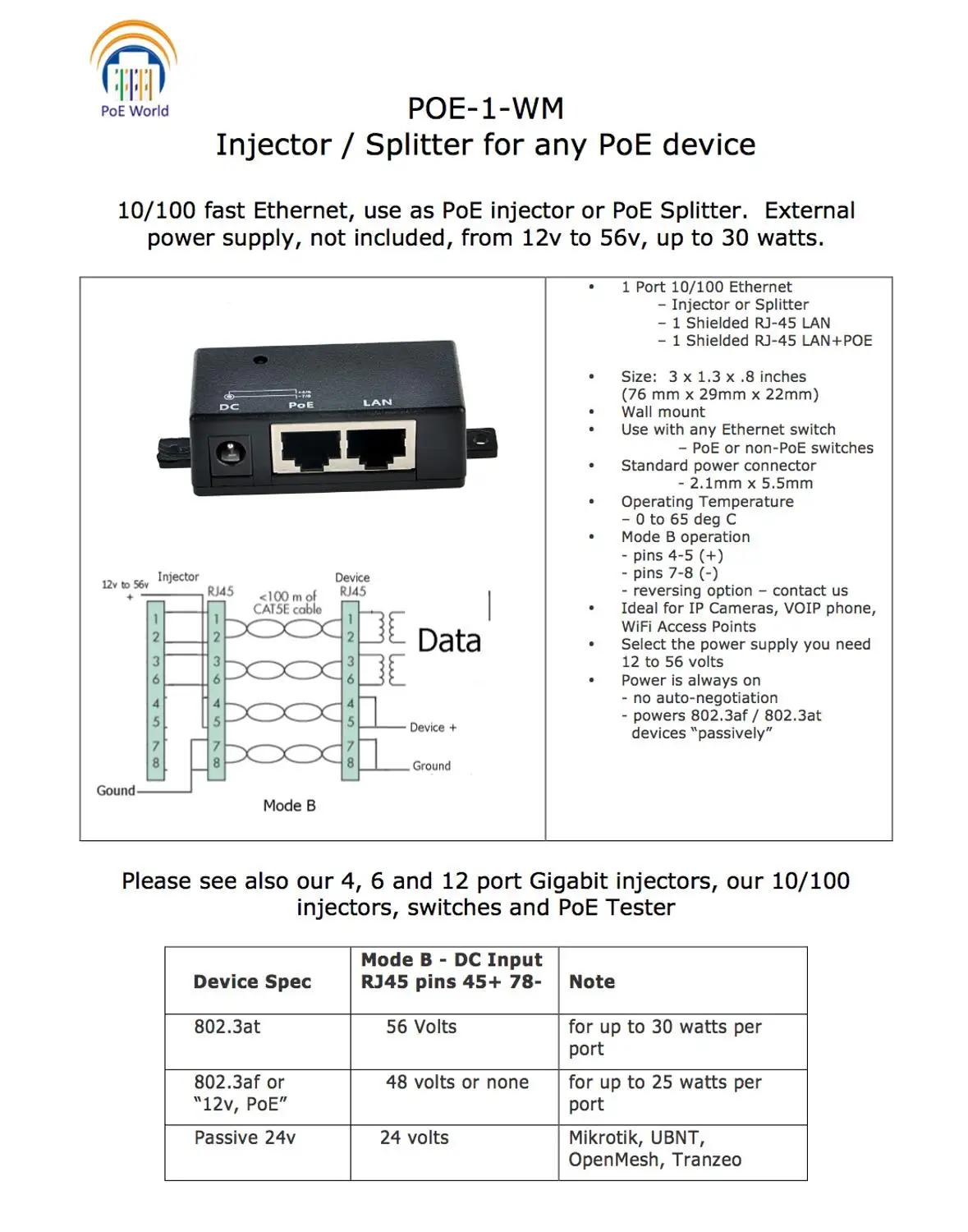 Пассивный Инжектор PoE 10/100 Power over Ethernet экранированный RJ 45 LAN + POE и разъем питания 2 1