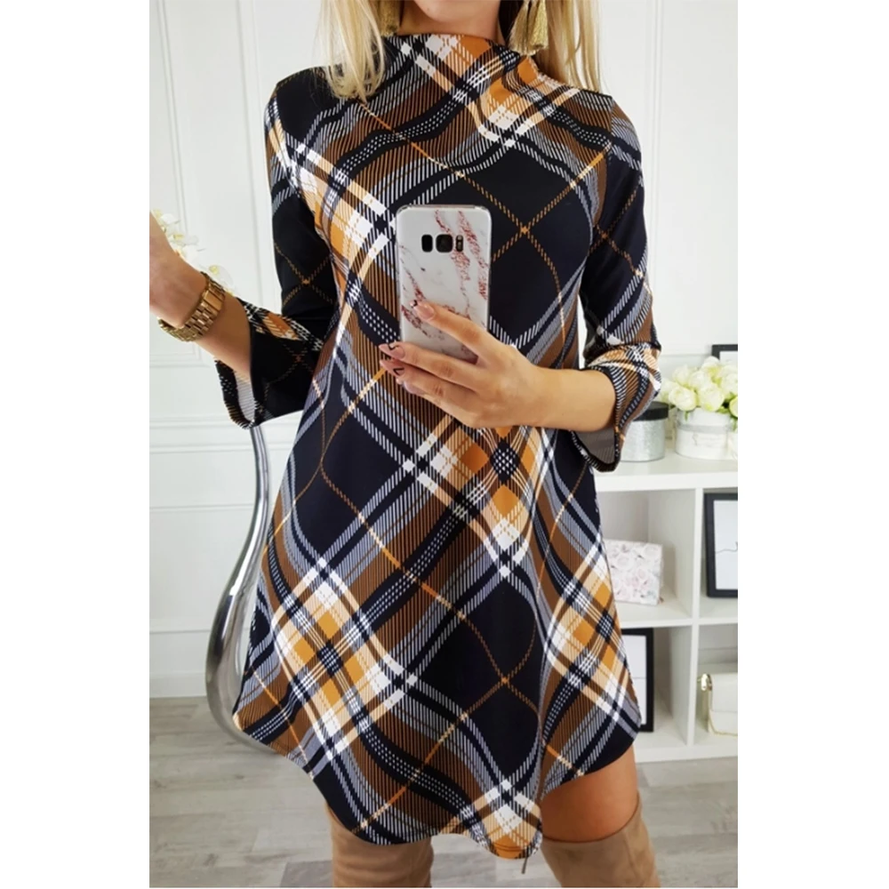 2019 осень и зима новая женская одежда женское клетчатое платье с длинным рукавом