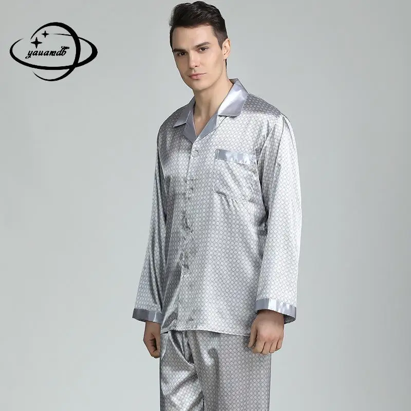 Mens Pajama Sets Spring Summer Male Sleepwear Suits Clothing T-shirt+pants 2pcs Long Sleeve Print Silk Soft Man Clothes H57