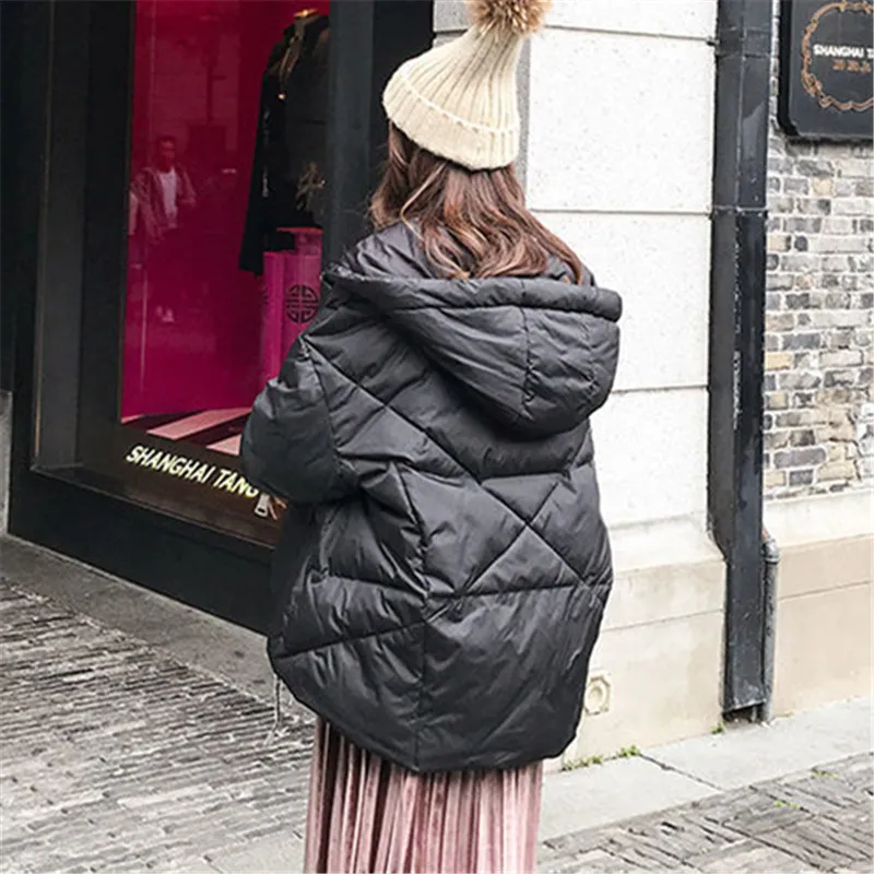 Parker Cotton Clothes Women's Winter Hooded Solid Color Bright Face Long-sleeved Zipper Fashion Loose Commuter Jacket Bread Coat