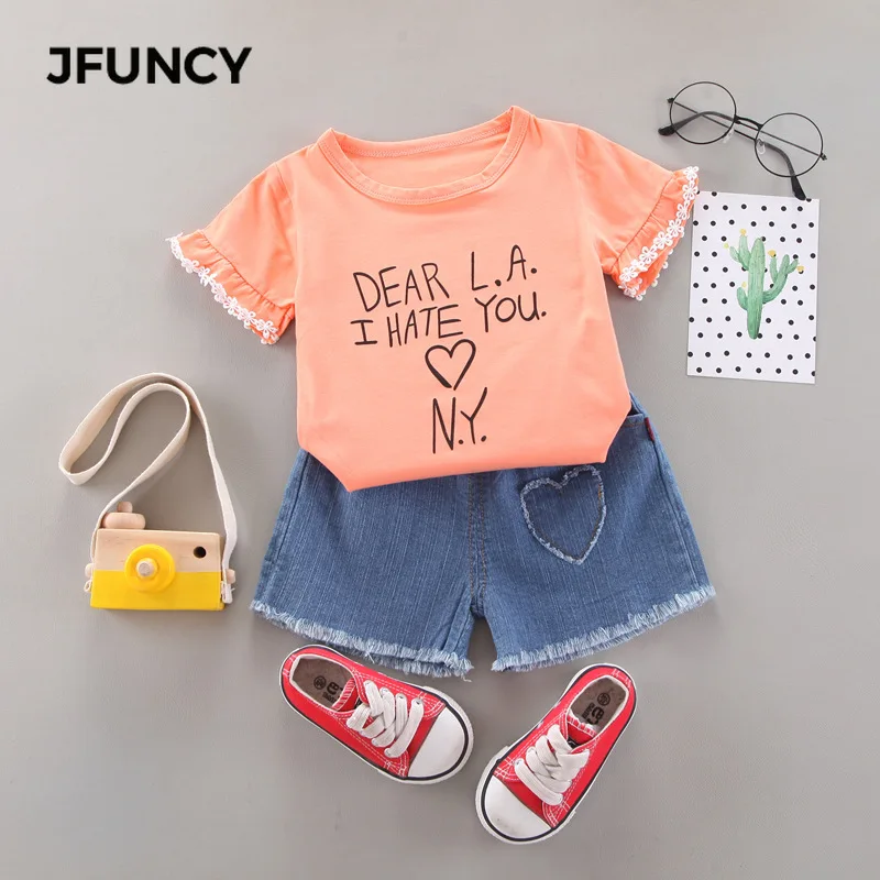 

JFUNCY Children's Clothing Girl Summer Short Sleeve Suits 2021 Toddler Girl Outfits kids Round Neck Two Set Cotton Girl T-Shirt