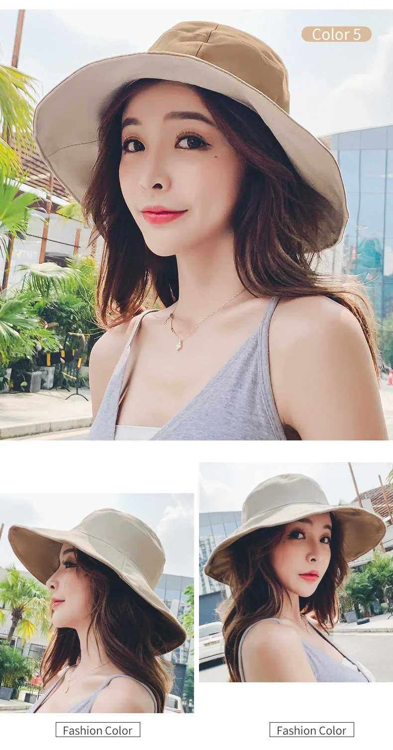 Wide Brim Cotton Bucket Hat Reversible for Women Summer Hiking Anti-sunburn White Fisherman Caps Ladies Fashion Pink Bucket Hat