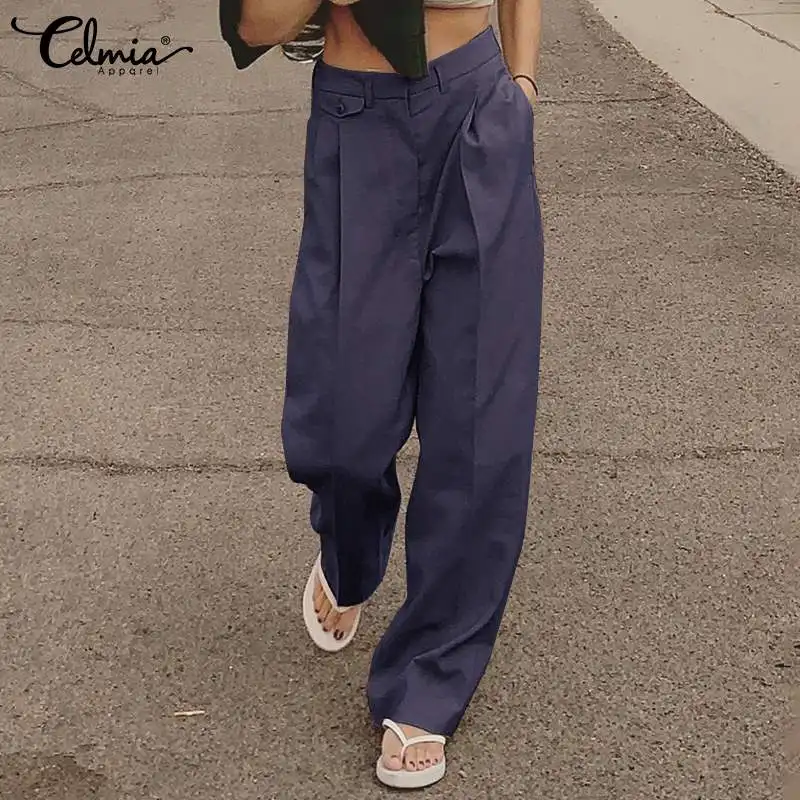 

Elegant Wide Leg OL Pants Celmia Women 2021 Fashion High Waist Pockets Office Trousers Female Casual Loose Solid Color Pantalon