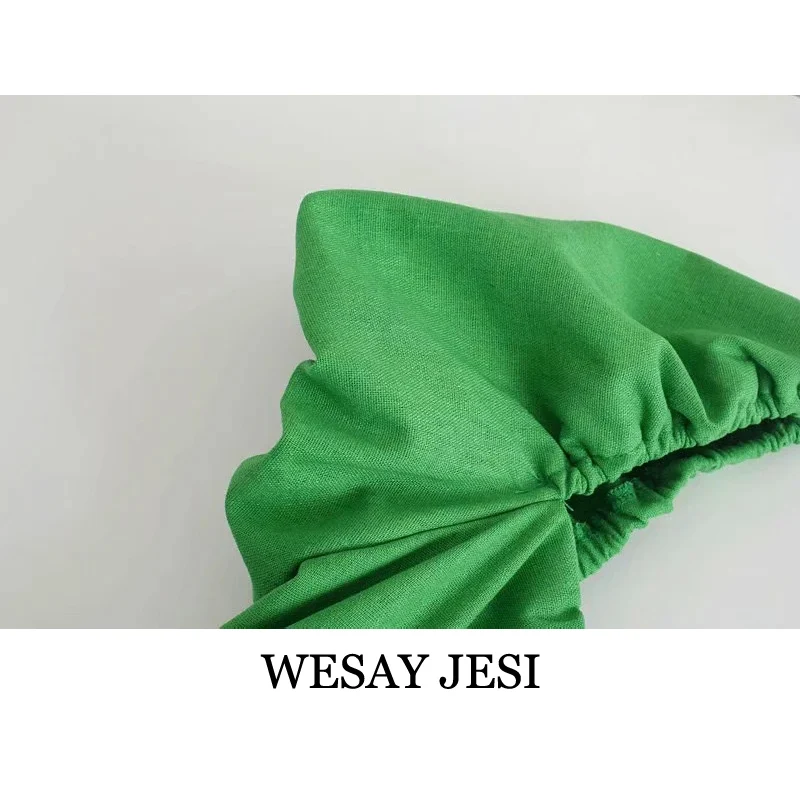 

WESAY JESI Women's Clothing Za Chic Dress Fashion With Buttons Women Solid Green Dress Pleated Short Sleeve Ladies Casual Dress