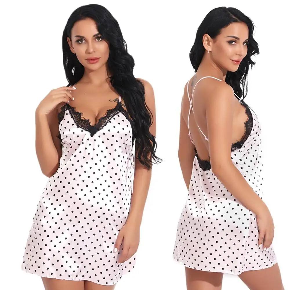 

Sexy Women Lace Satin Sleepwear Point Printin Sleepdress Fashion Sleeveless Nightdress Camisa de Noite Mulher 2019 Hot Sale E