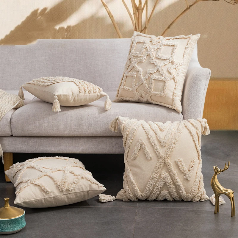 

Beige Geometric Embrpidery Pillow Cover Tassels Decoration Cushion Cover 45x45cm/30x50cm Home Sofa Square Pilow Case
