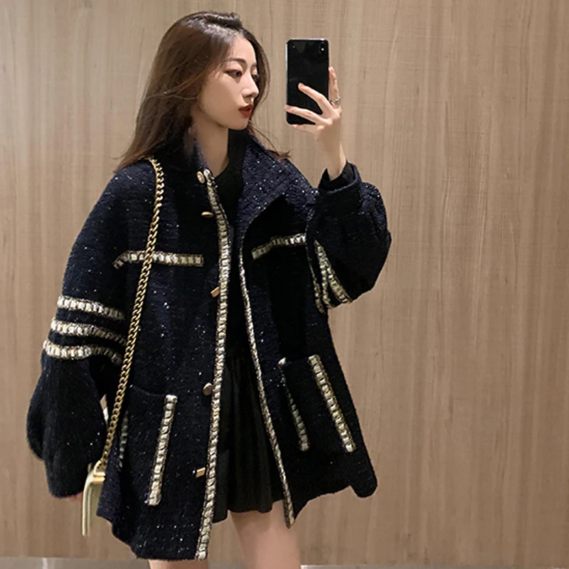 Куртка из твида Темно синего цвета Яркая металлическая ткань осень / зима женская