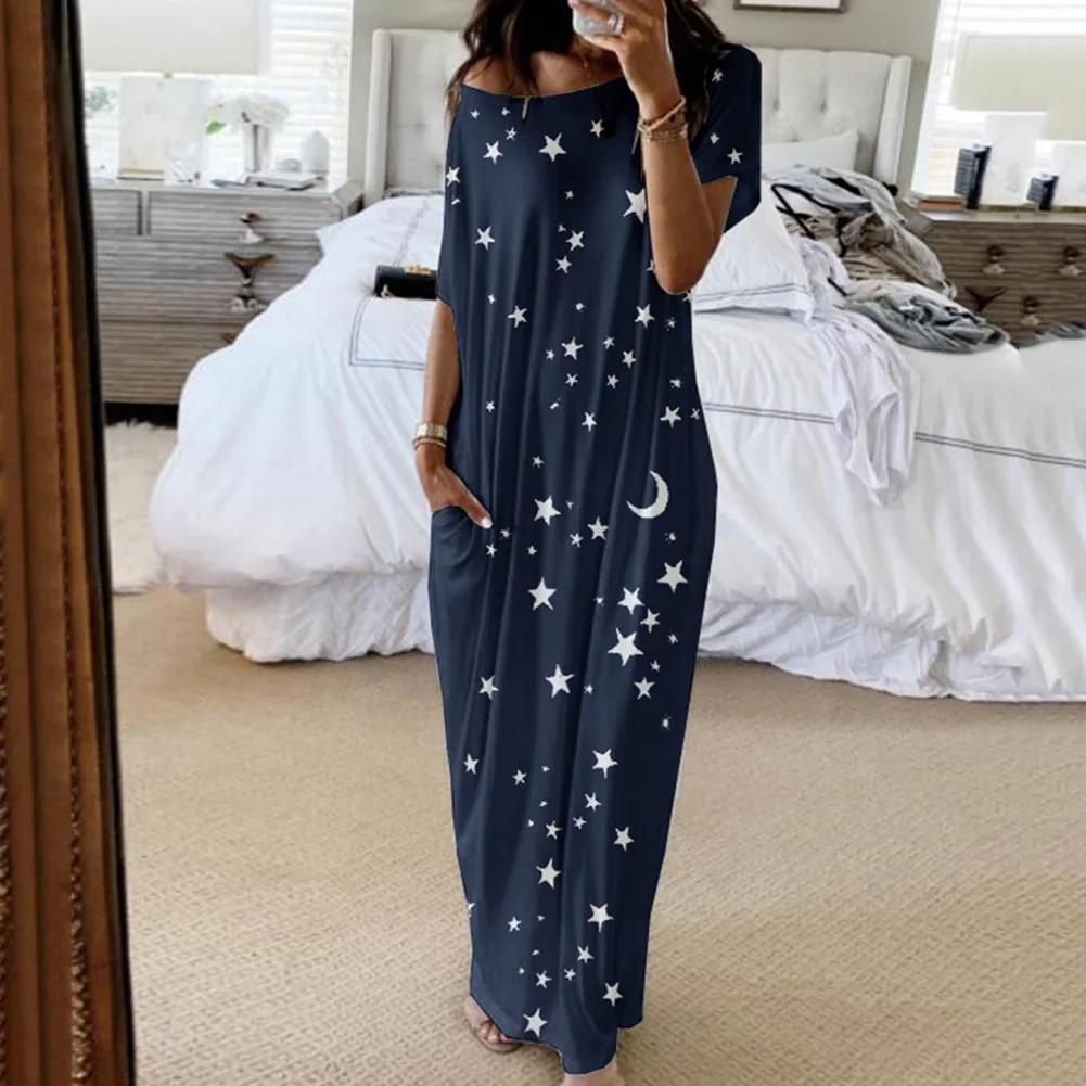 

Women Star Print Long Maxi Dress Ladies Short Sleeve Loose Beach Sundress TT@88