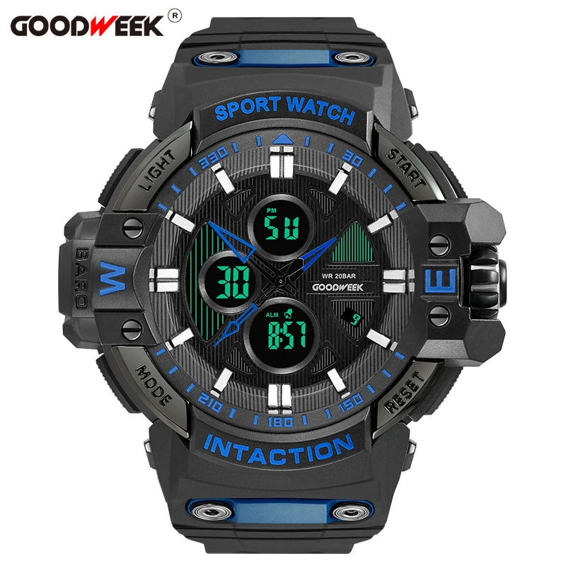 blackblue GOODWEEK многофункциональные военные мужские спортивные часы водонепроницаемые ударные светодиодные цифровые часы двойной дисплей часы Reloj Hombre - Цвет: blackblue
