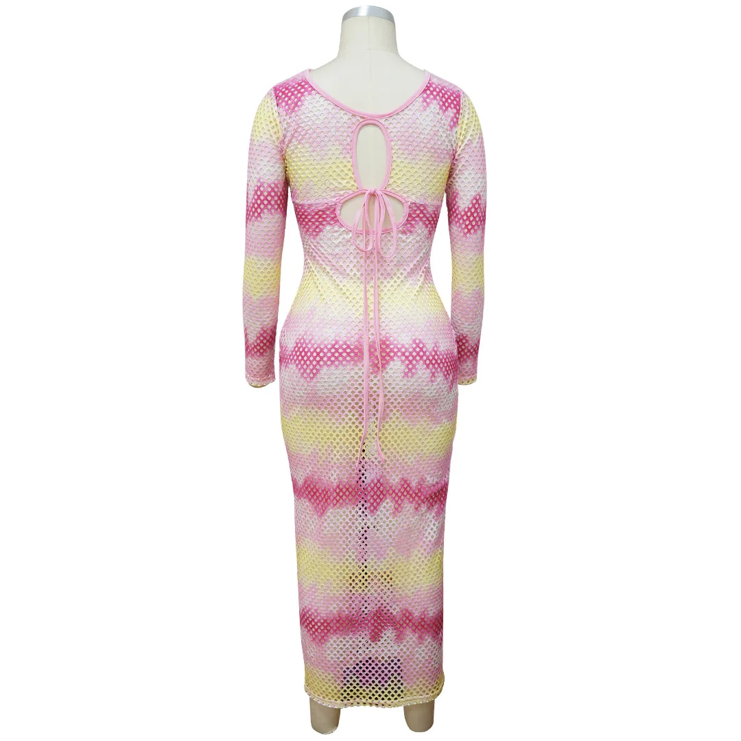 

Rainbow Tie Dye Print Women's Long Party Dress Sexy Fishnet Hollow Out Long Sleeve Vestidos Summer Drawstring Bandage Dresses