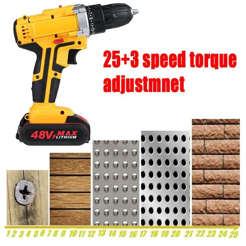

Cordless Electric Impact Drill 3 in 1 Electric Drill Screwdriver Hammer 25+3 Torque 48V Dual Speed With 2 Battery