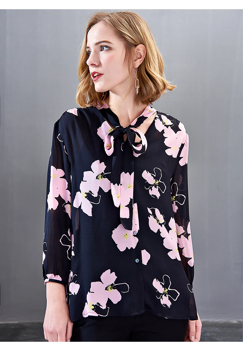 

100% Pure Silk Women's Shirts Lace Up Bow Collar Floral Printed Wrist Sleeves Fashion Casual Blouse Shirt