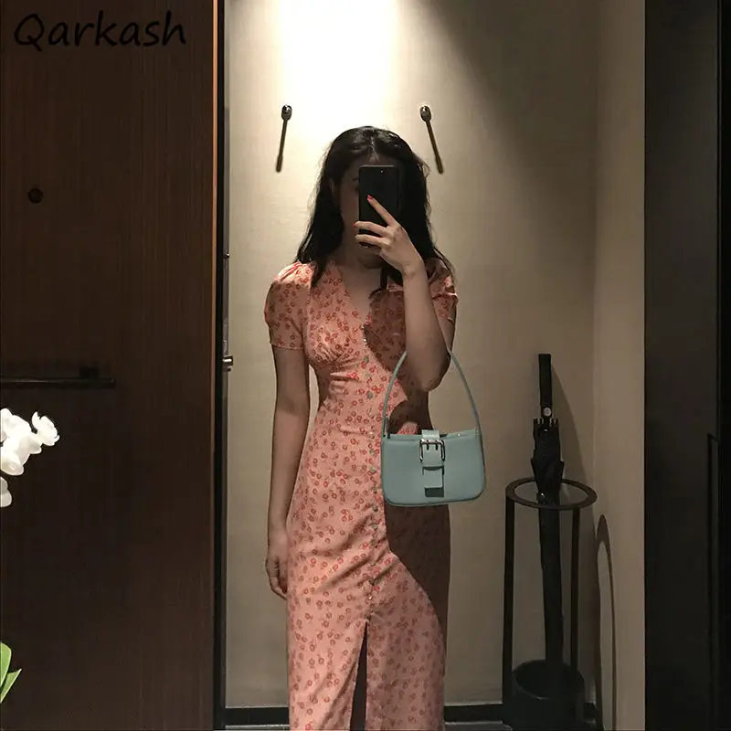 

Dress Women Fashion Korean Style Sexy V-neck Vintage Floral Slit Summer Party Streetwear Slim Bodycon Casual Chic Vestidos Ins