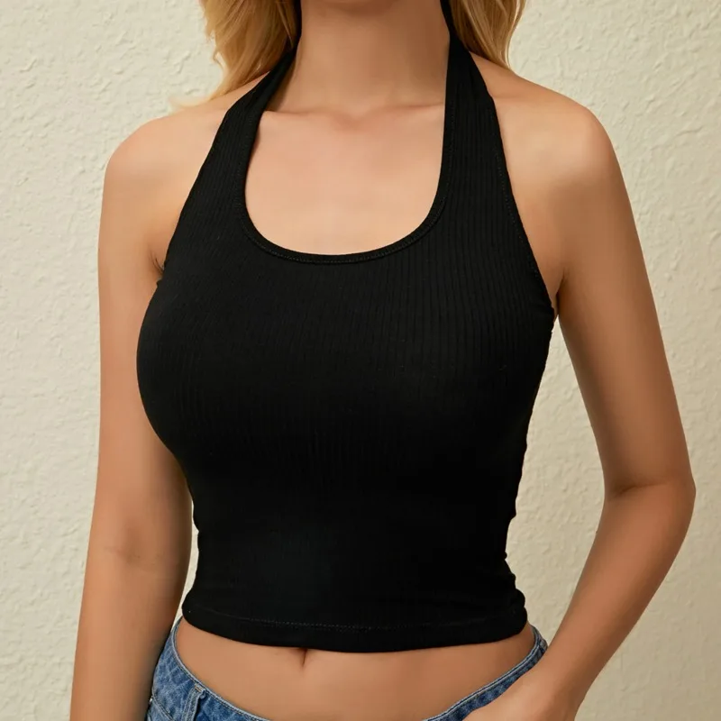 

Женский жилет с лямкой на шее, летний ретро Топ без рукавов 90, крутой уличная одежда для девочек, однотонный удобный женский топ