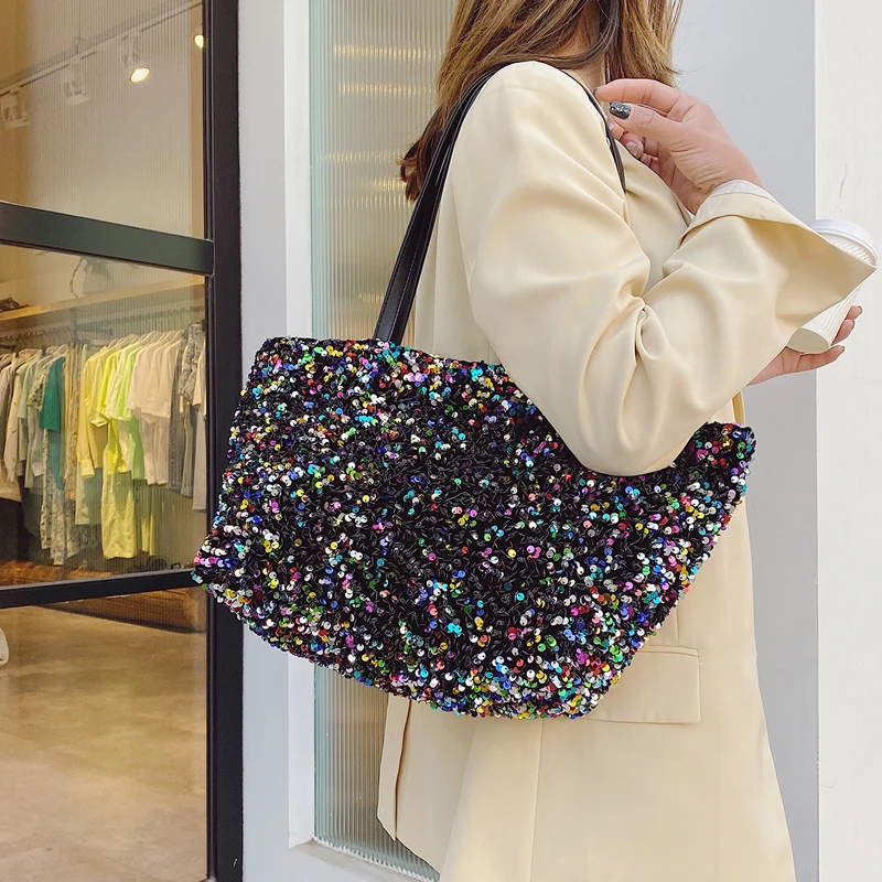 

Sequins Armpit bag 2021 Summer High-quality PU Leather Handbags Lady Totes Shoulder Bag Travel Chain Bling Fashion Crossbody Bag