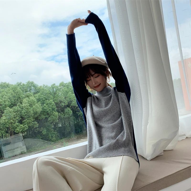 Женский кашемировый свитер теплый вязаный пуловер с длинным рукавом и высоким