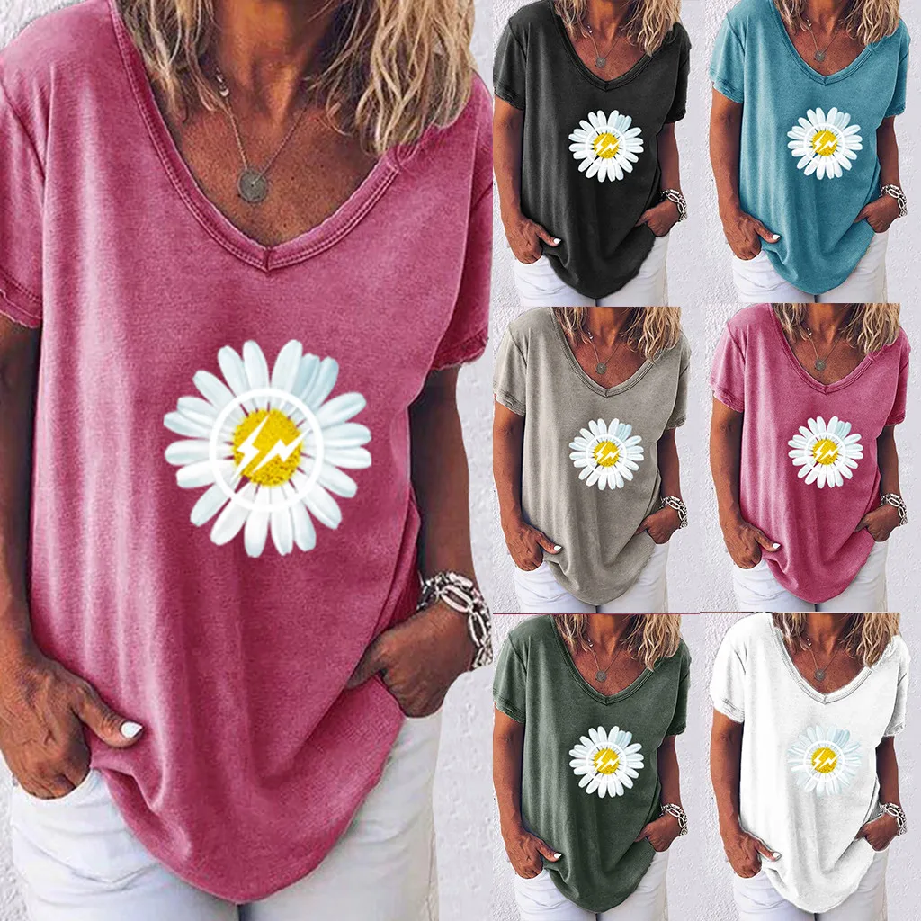 Женская свободная рубашка с коротким рукавом круглым вырезом и цветочным