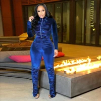 ronikasha active velvet stacked woman sweatpants 2 piece outfits sets zipper streetwear tracksuit fashion pleated suit
