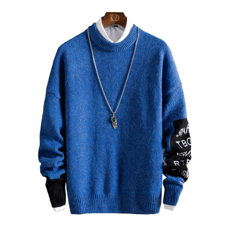 

Duckwaver Color block men's knit sweater round neck pullover jacquard sweater men's bottoming sweater
