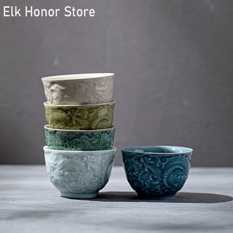

115ml Retro Embossed Auspicious Dragon Art Tea Cup Ceramic Master Cup Single Cup Male Chazhan Household Kung Fu Tea Cup Tea Set