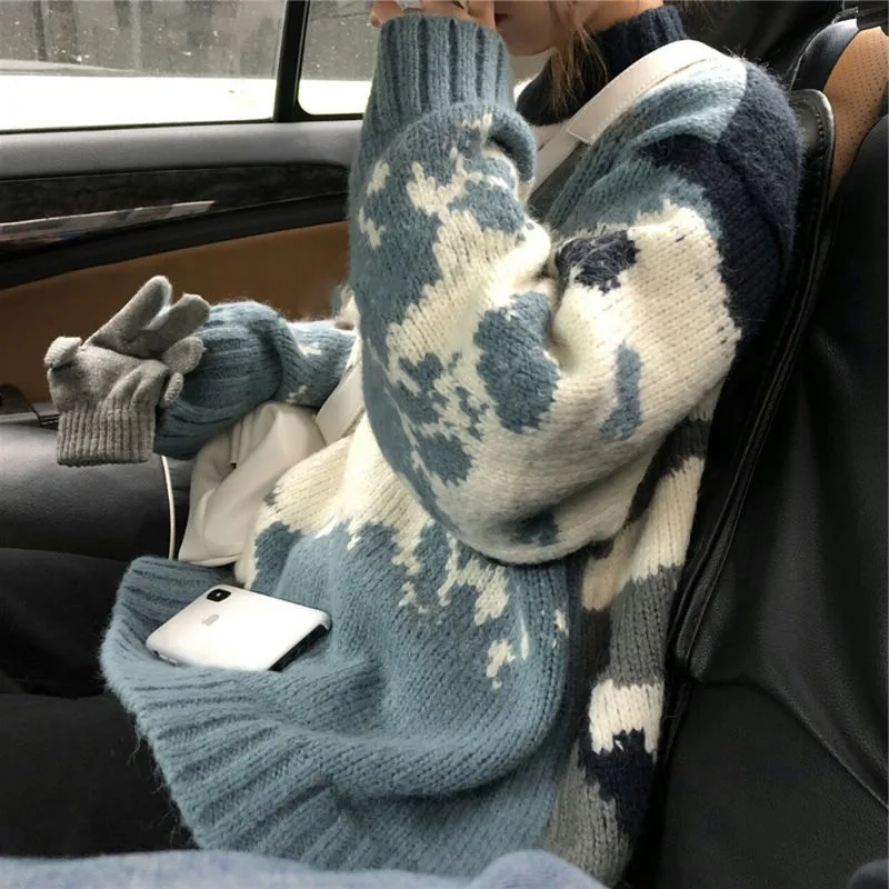 

2020 autumn and winter new outer wear sweater knit large version hedging lazy style student girl loose jacquard sweater MY451