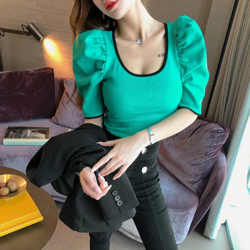

Summer Women Elegant Puff Sleeve T Shirt Plus Size Female Fashion Deep O-neck Solid Casual Tees Korean Solid Colorsexy Tops