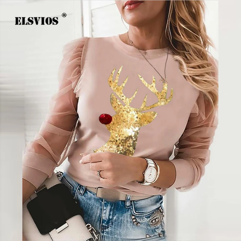 

Fashion Christmas Print Blouse Lady Early Autumn O Neck Mesh See-through Sleeve Slim Casual Top Elegant Shirt Office Blouse 2021