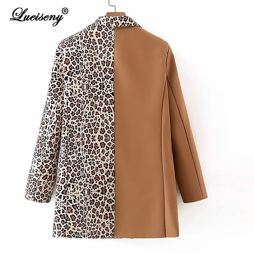 

LUEISENY New Women 2020 Fashion Leopard Patchwork Blazer Coat Vintage Double Breasted Long Sleeve Female Outerwear Chic Tops