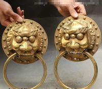 chinese fengshui brass foo fu dog guardion lion head statue door knocker pair