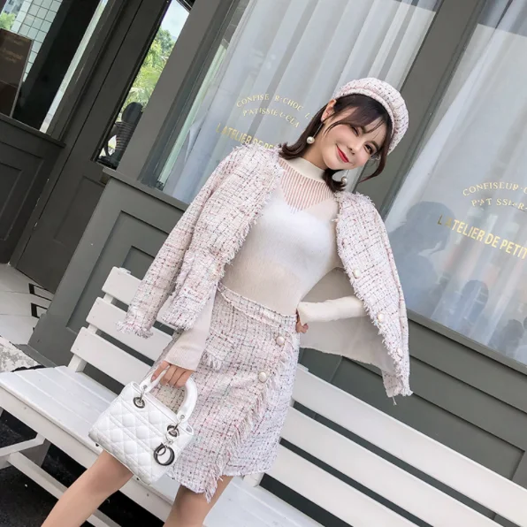 Женский твидовый модельный костюм клетчатый шерстяной пиджак с бахромой и