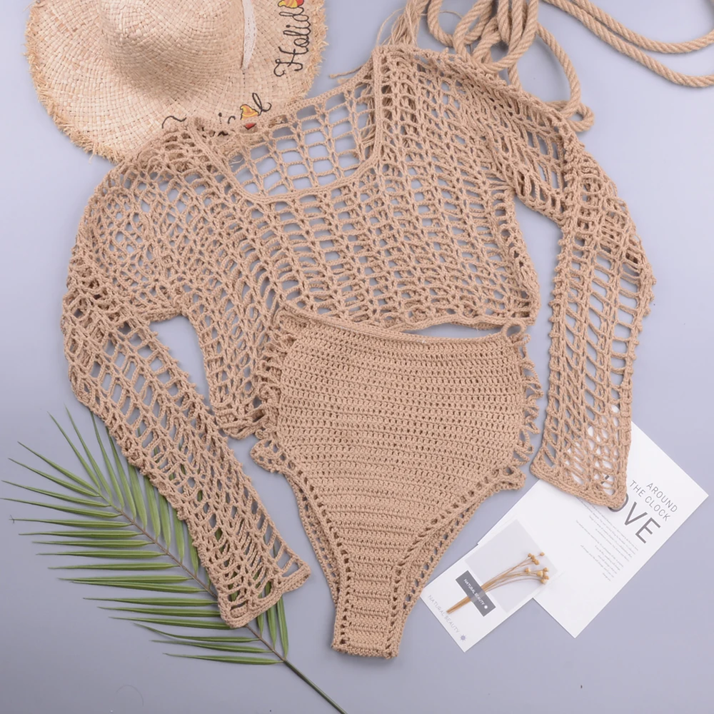 Swimsuit Female Bikini Crochet Beach Split Swimsuit Fishnet Hollow Out Mesh Bikini Cover Up Long Sleeve Boho Beachwear images - 6