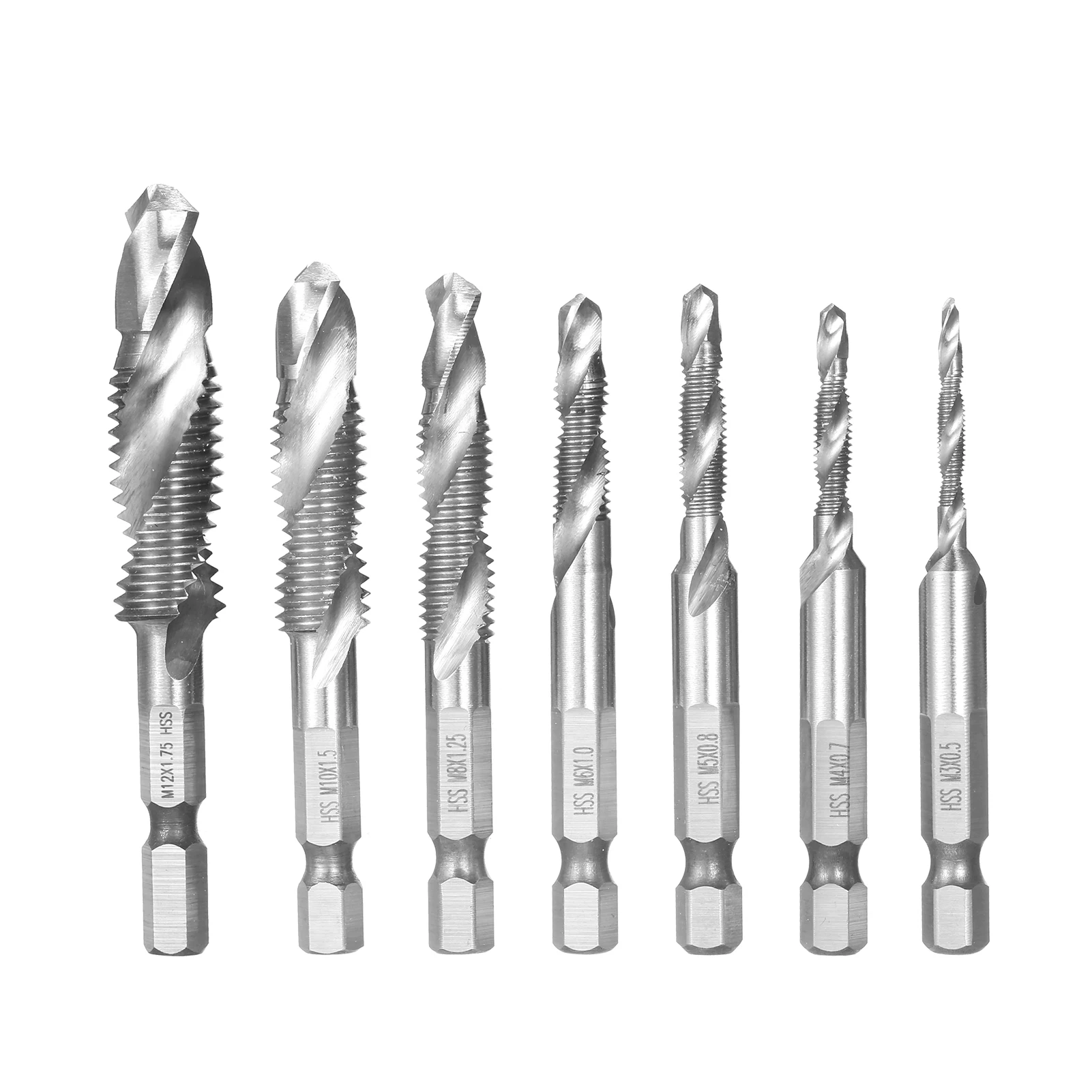 

7Pcs Combination Drill and Tap Set Metric Thread HSS M3-M12 Screw Tapping bit Tool Quick Change 1/4in Hex Shank Thread Tap