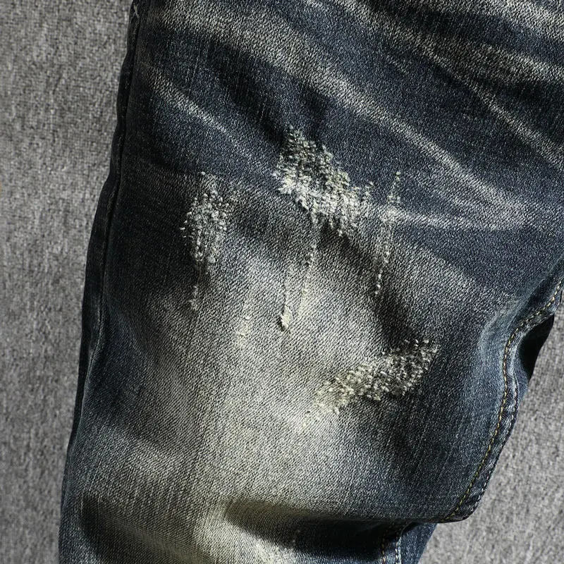 European Vintage Fashion Men Jeans Retro Blue Distressed Washed Elastic Slim Fit Ripped Jeans Men Designer Casual Denim Pants