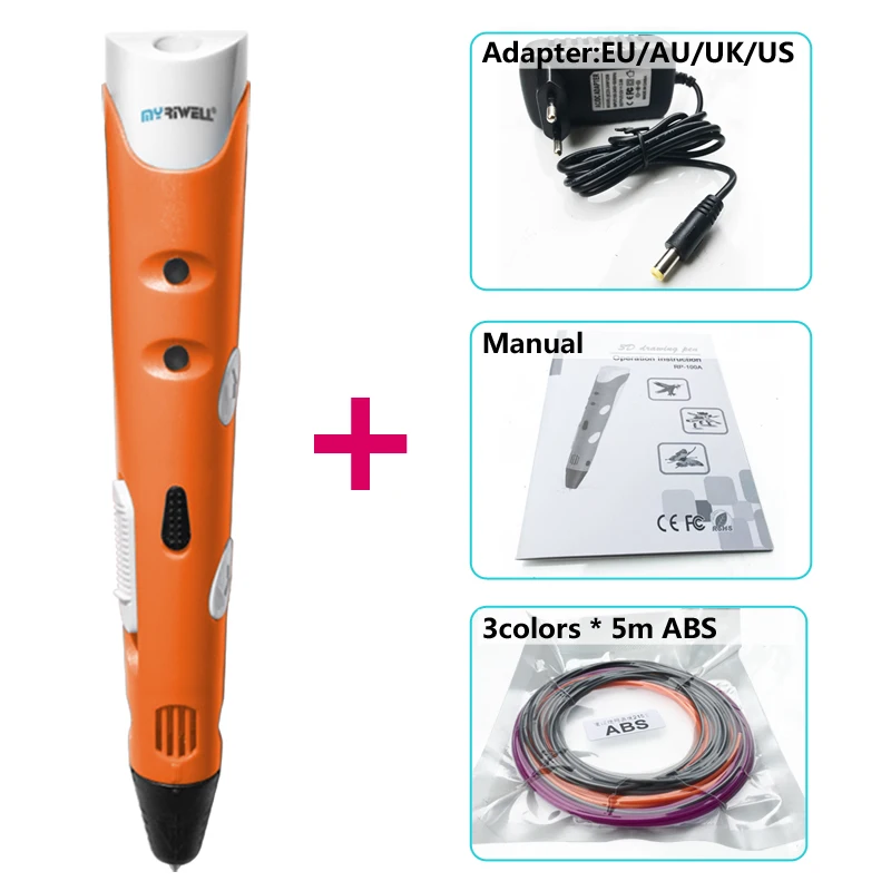 Orange Myriwell 3d Ручка 3d ручки, 1,75 мм ABS/PLA нити, 3 d pen3d модель, Creative3d ручка для печати, лучший подарок для детей DIY креативный, pen-3d - Цвет: Orange