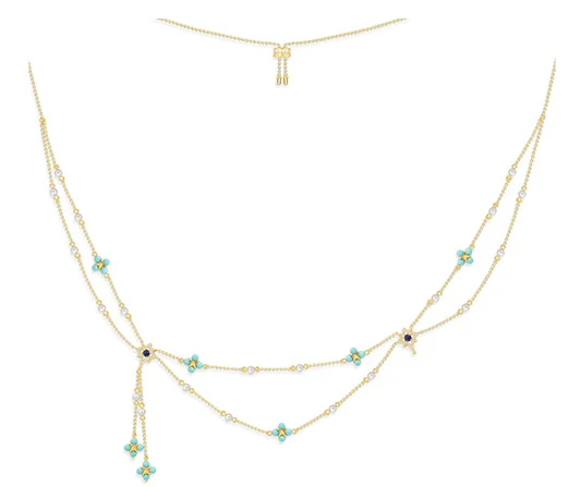 

July New Monaco Pearl Blue Stone Bracelet Double Necklace 925 Sterling Silver 1:1 Women's Jewelry Gift