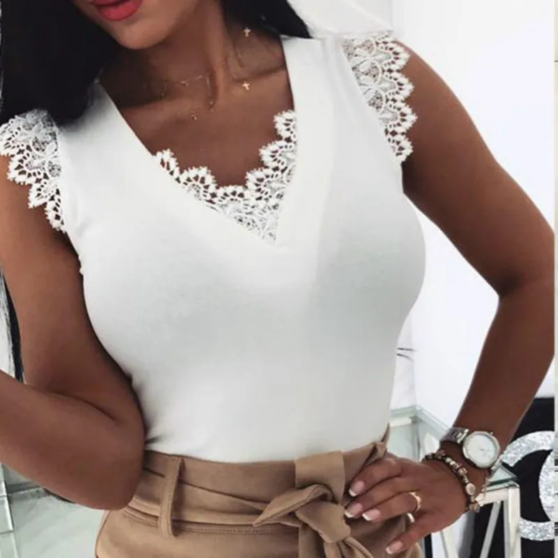 

2019 Sexy Womens Tops and Blouses Deep V Necek Lace Bandage Sleeveless Patchwork Women Blouse Women Shirt