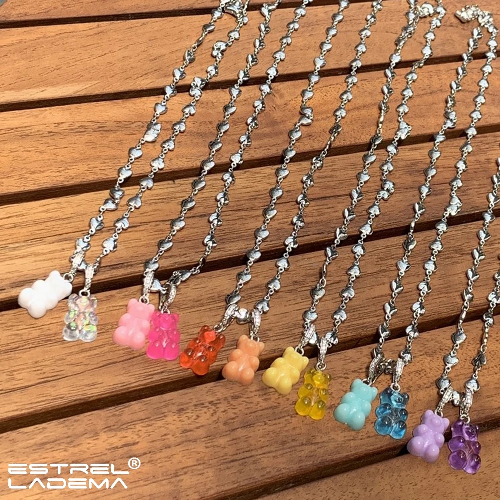 

Y2K Colorful Gummy Bear Zircon Pendant Necklace For Women Resin Bears Gold Silver Color Heart Beads Chain Necklaces Jewelry New