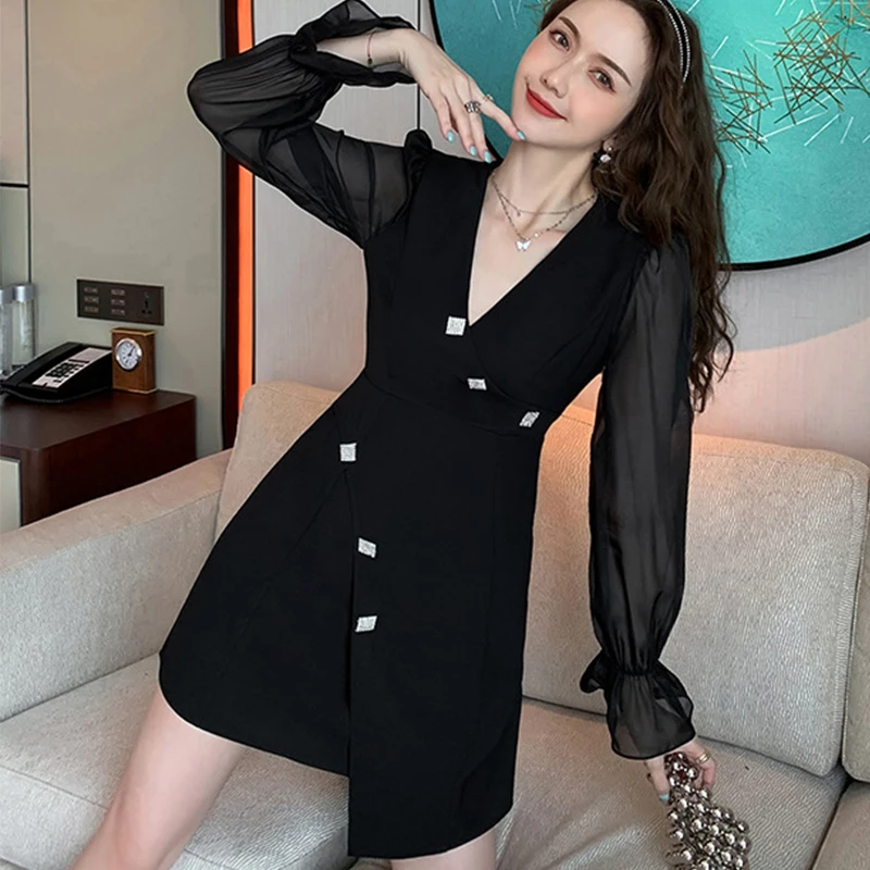 

Модное осеннее сексуальное мини-платье с V-образным вырезом и расклешенными рукавами, женское элегантное уличное платье OL, шикарное черное ...